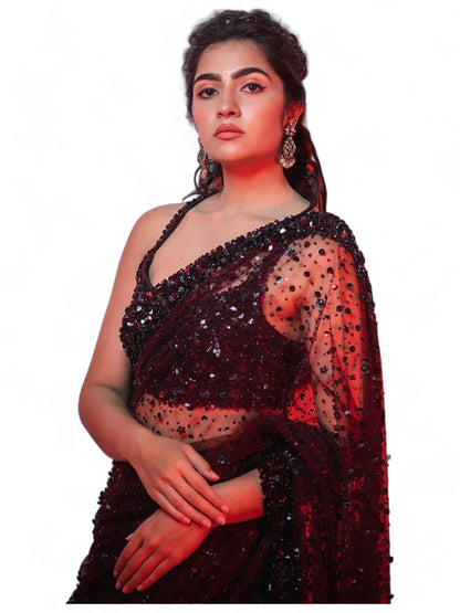 Maroon net shiny designer party wear saree