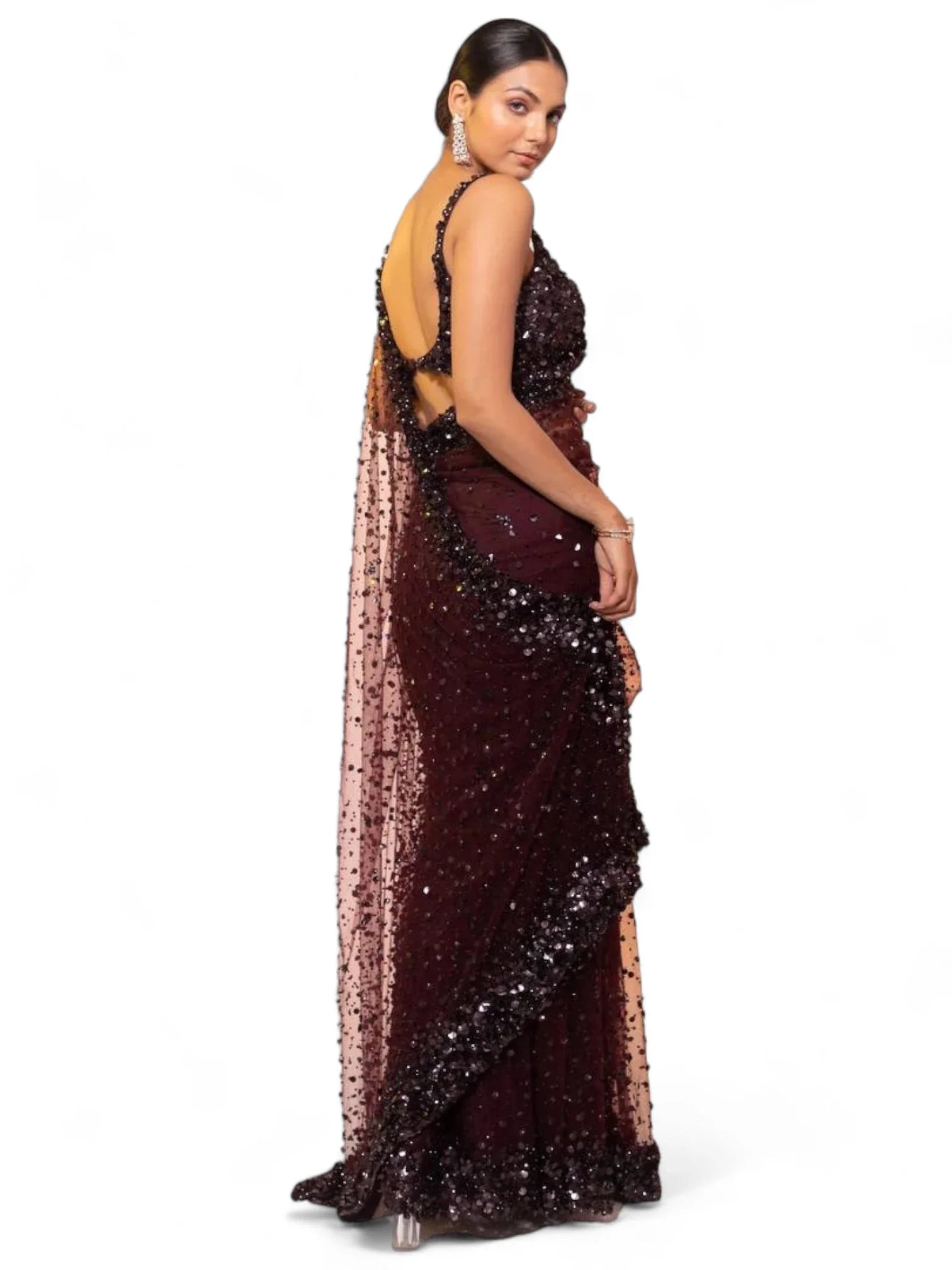 Maroon net shiny designer party wear saree