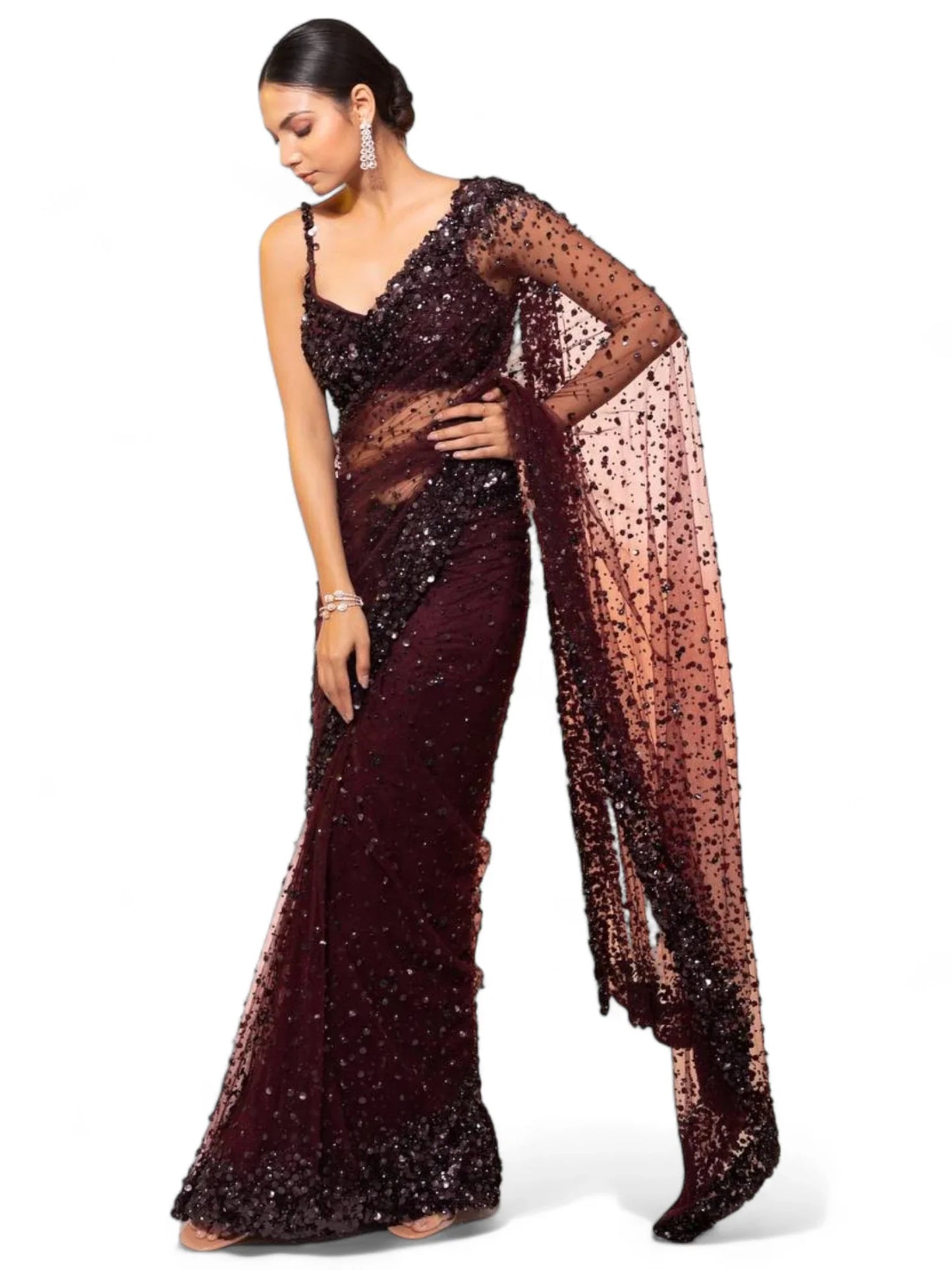 Maroon net shiny designer party wear saree