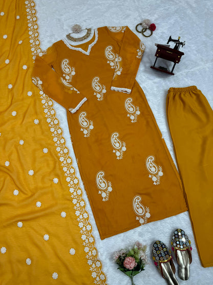 Mustard yellow embroidered regular wear salwar suit