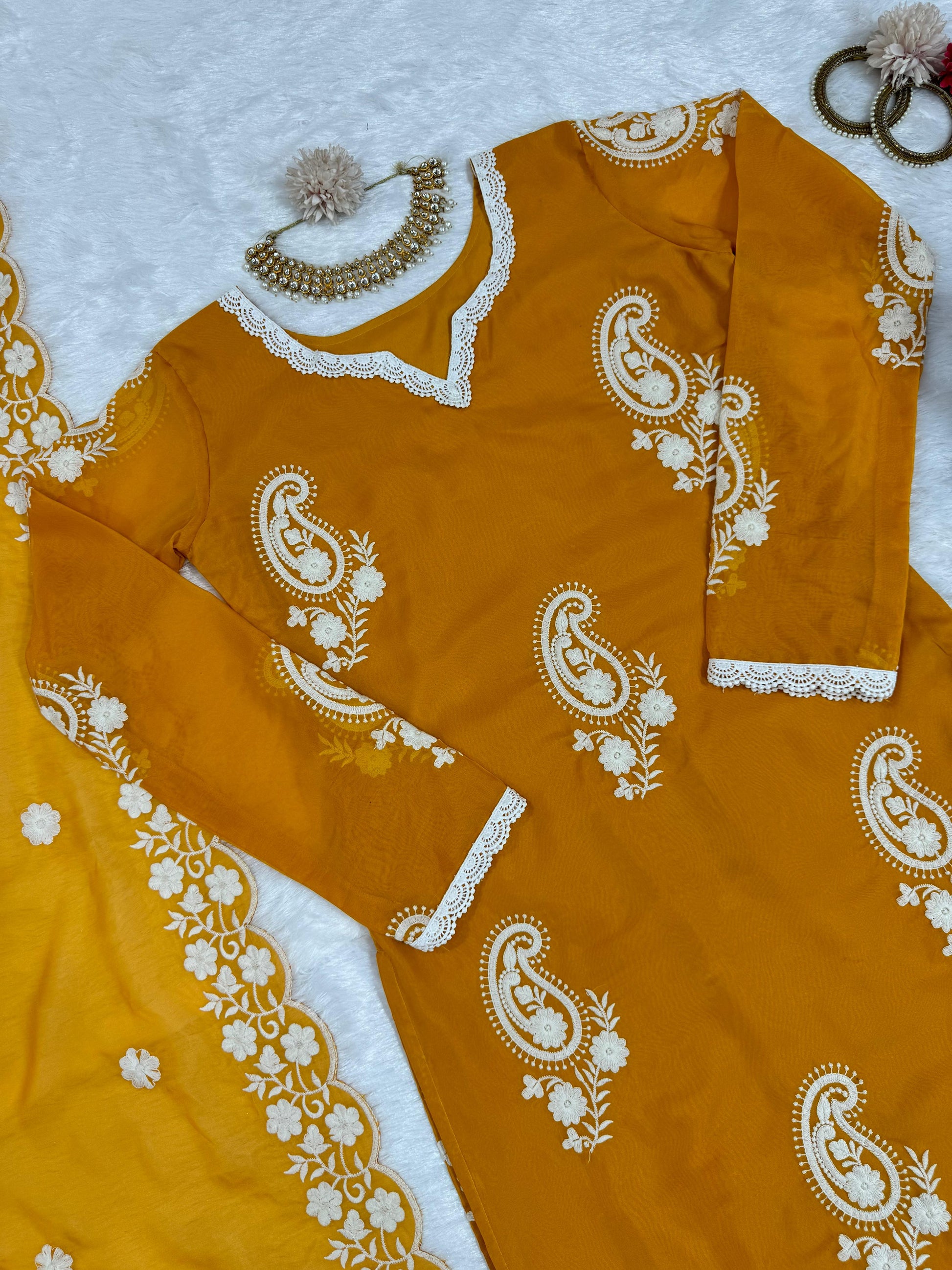 Mustard yellow embroidered regular wear salwar suit