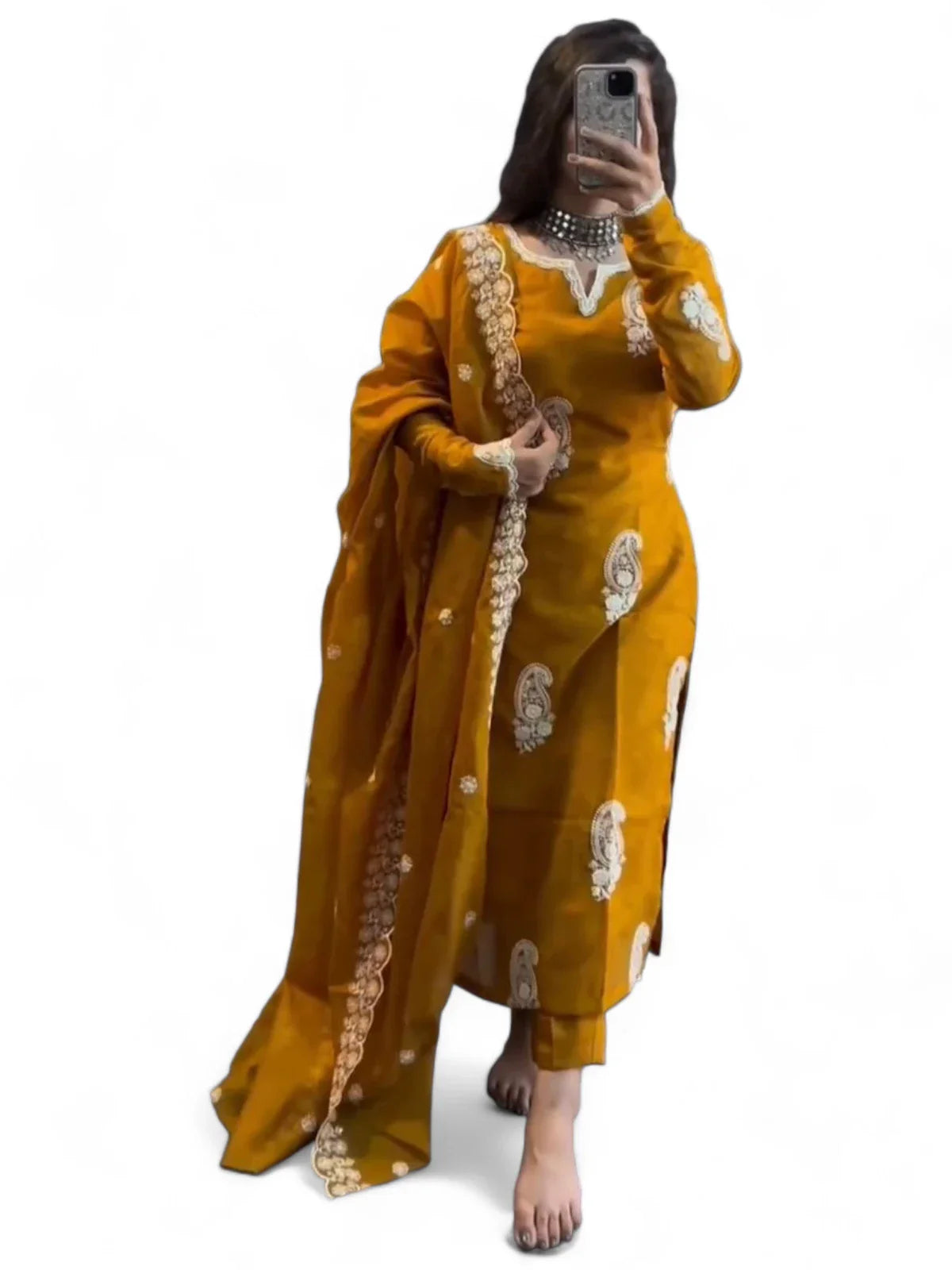 Mustard yellow embroidered regular wear salwar suit