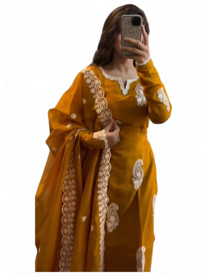 Mustard yellow embroidered regular wear salwar suit