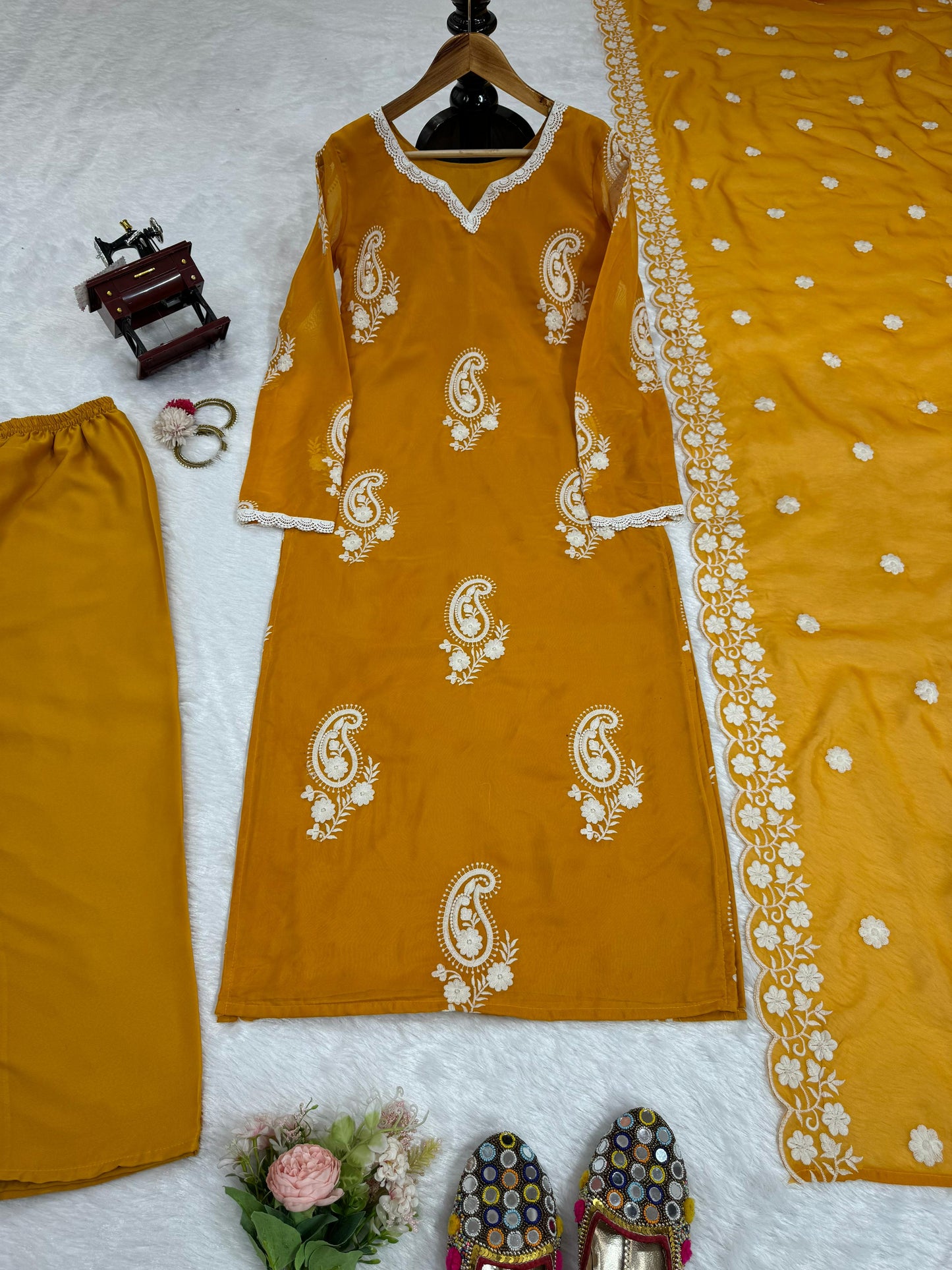 Mustard yellow embroidered regular wear salwar suit