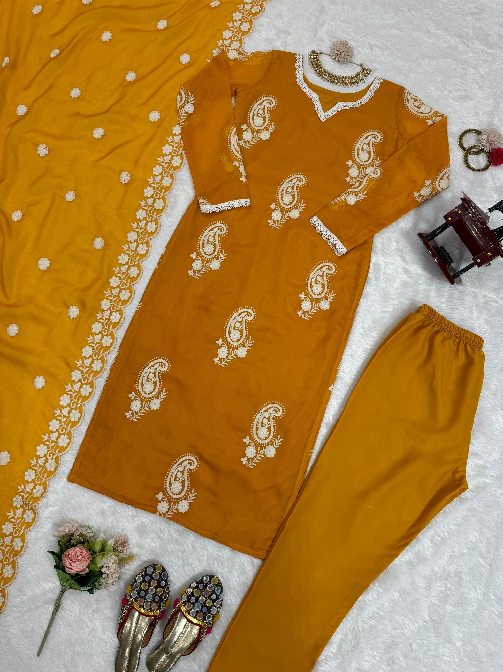 Mustard yellow embroidered regular wear salwar suit