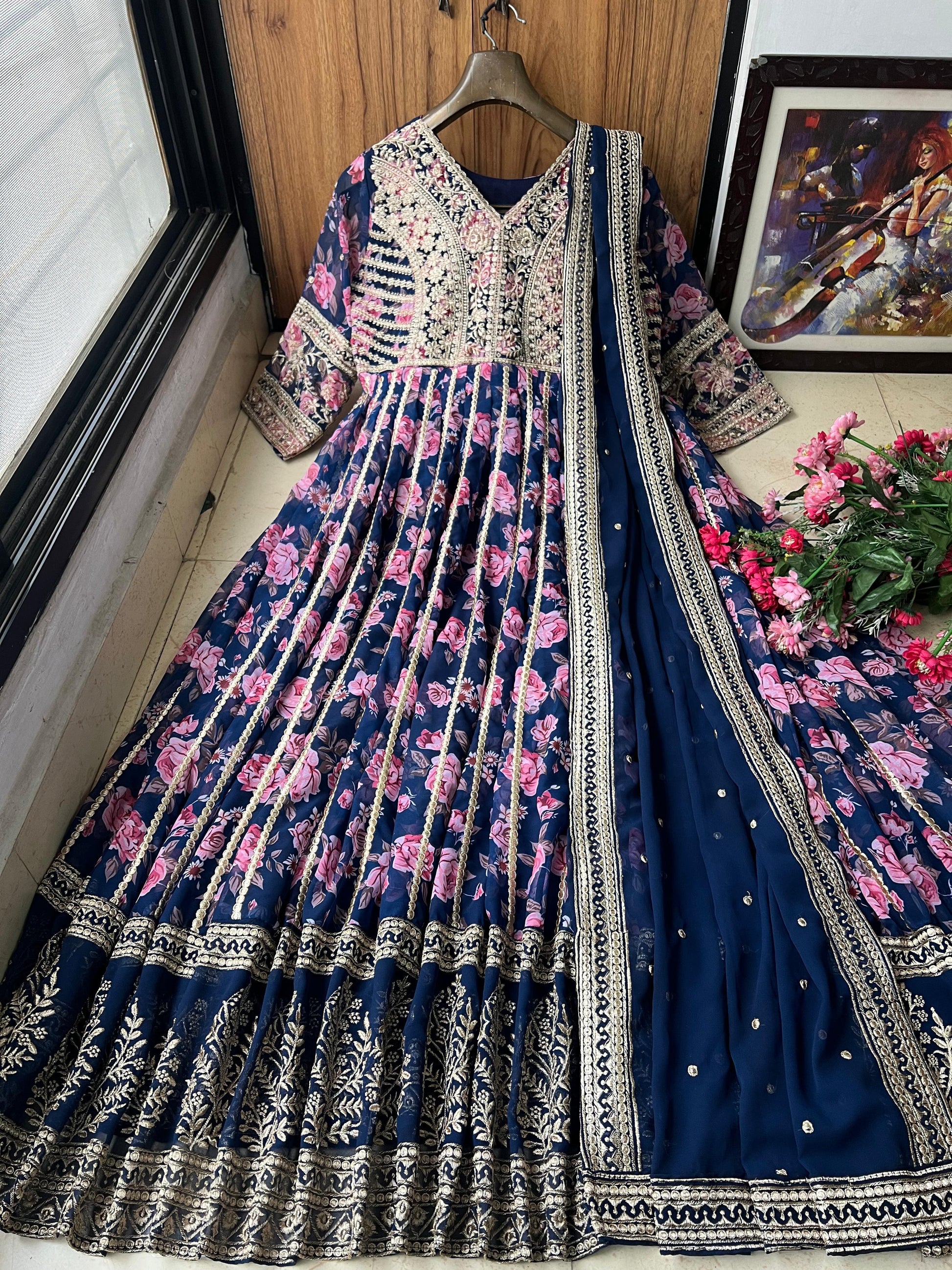 Navy blue floral printed ceremonial anarkali suit