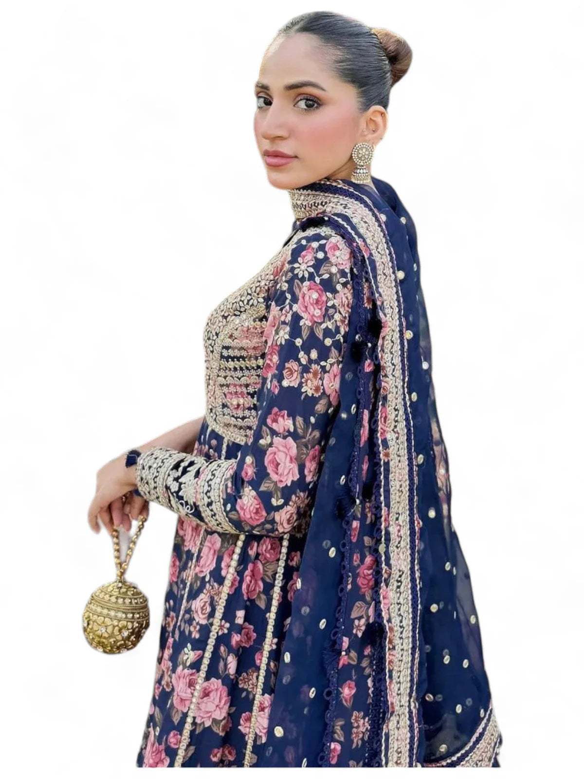 Navy blue floral printed ceremonial anarkali suit