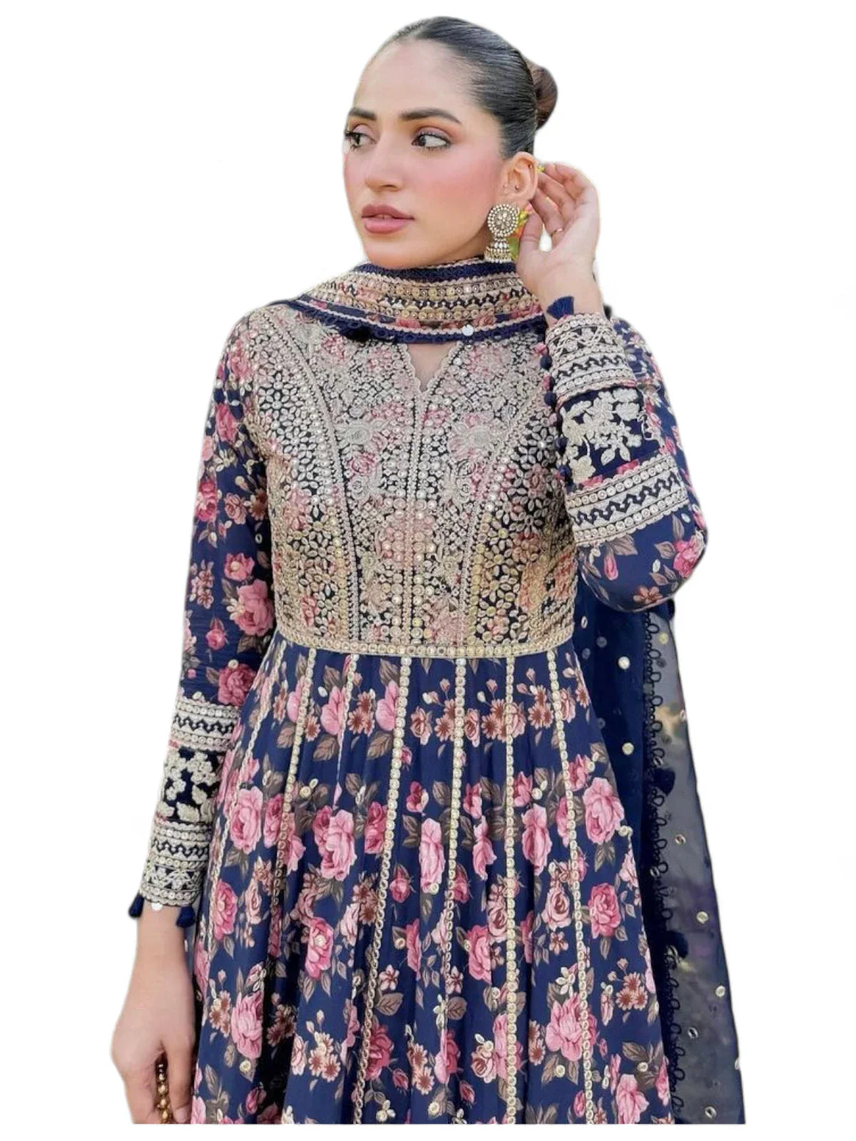 Navy blue floral printed ceremonial anarkali suit