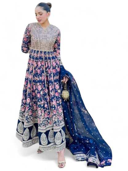 Navy blue floral printed ceremonial anarkali suit