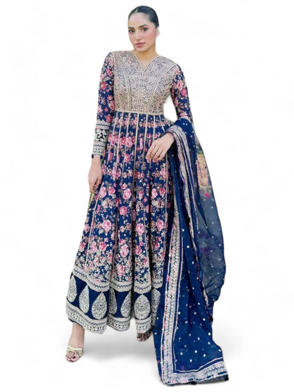 Navy blue floral printed ceremonial anarkali suit