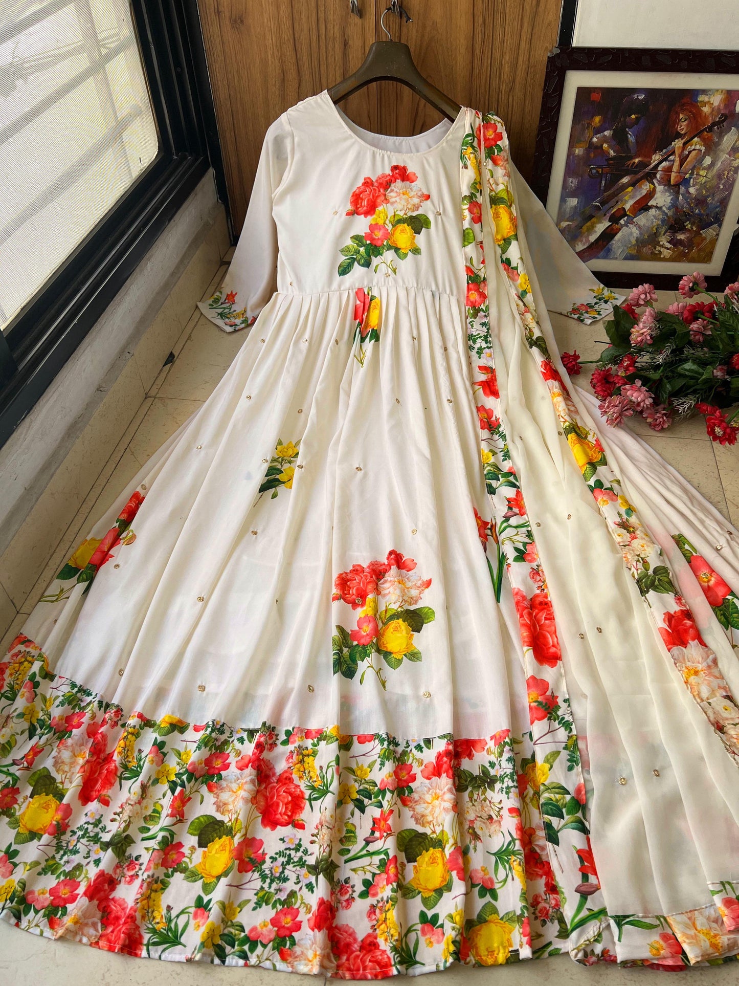 Nora fatehi white cotton floral printed long anarkali suit