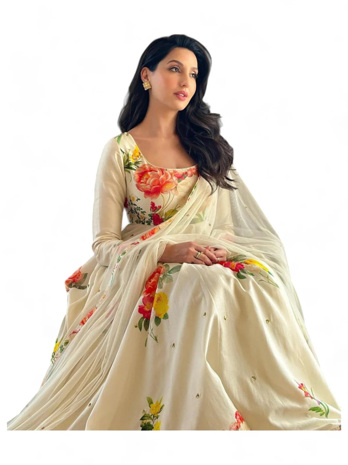 Nora fatehi white cotton floral printed long anarkali suit