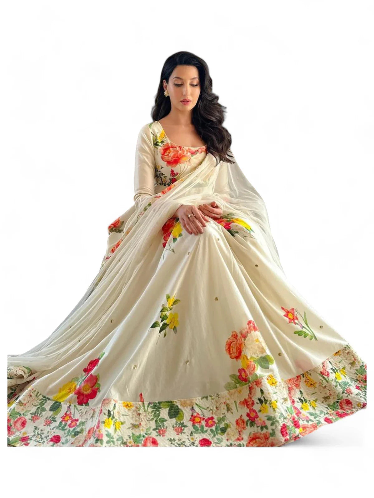 Nora fatehi white cotton floral printed long anarkali suit