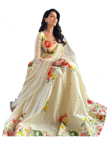 Nora fatehi white cotton floral printed long anarkali suit