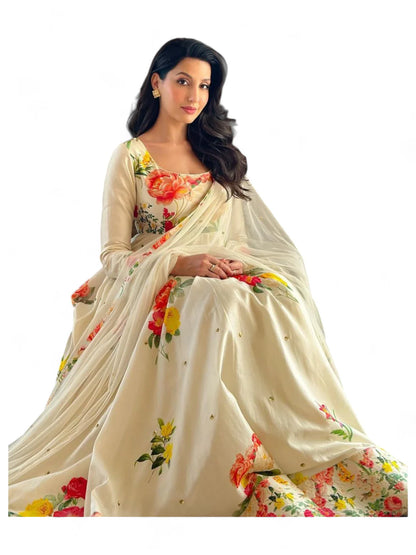 Nora fatehi white cotton floral printed long anarkali suit