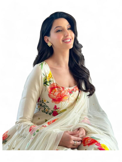 Nora fatehi white cotton floral printed long anarkali suit