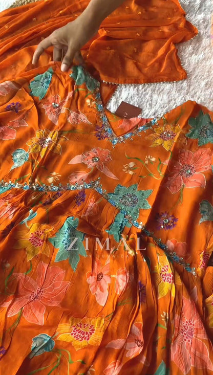 Orange floral printed handwork alia cut suit