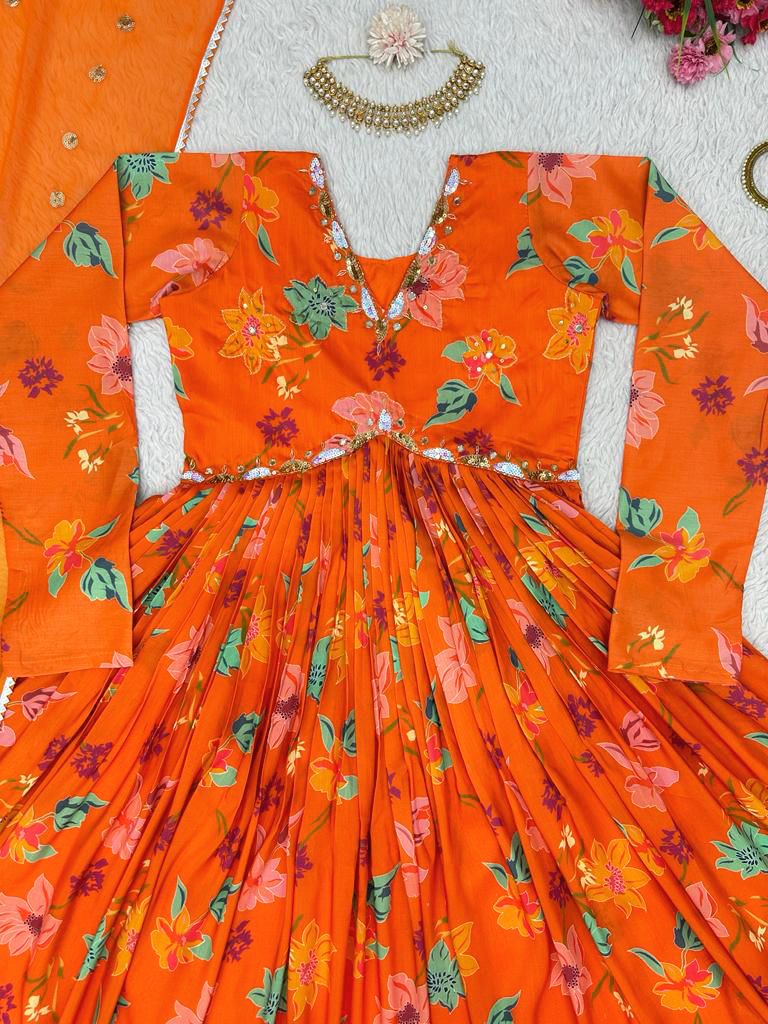 Orange floral printed handwork alia cut suit