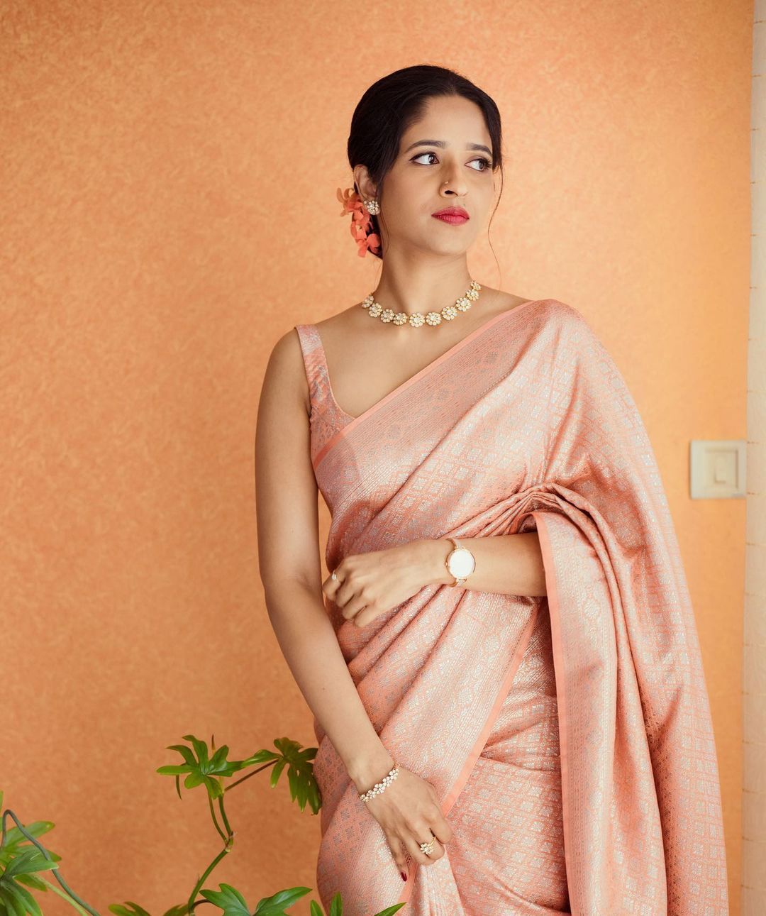 Peach lichi silk rich pallu jacquard work party wear saree