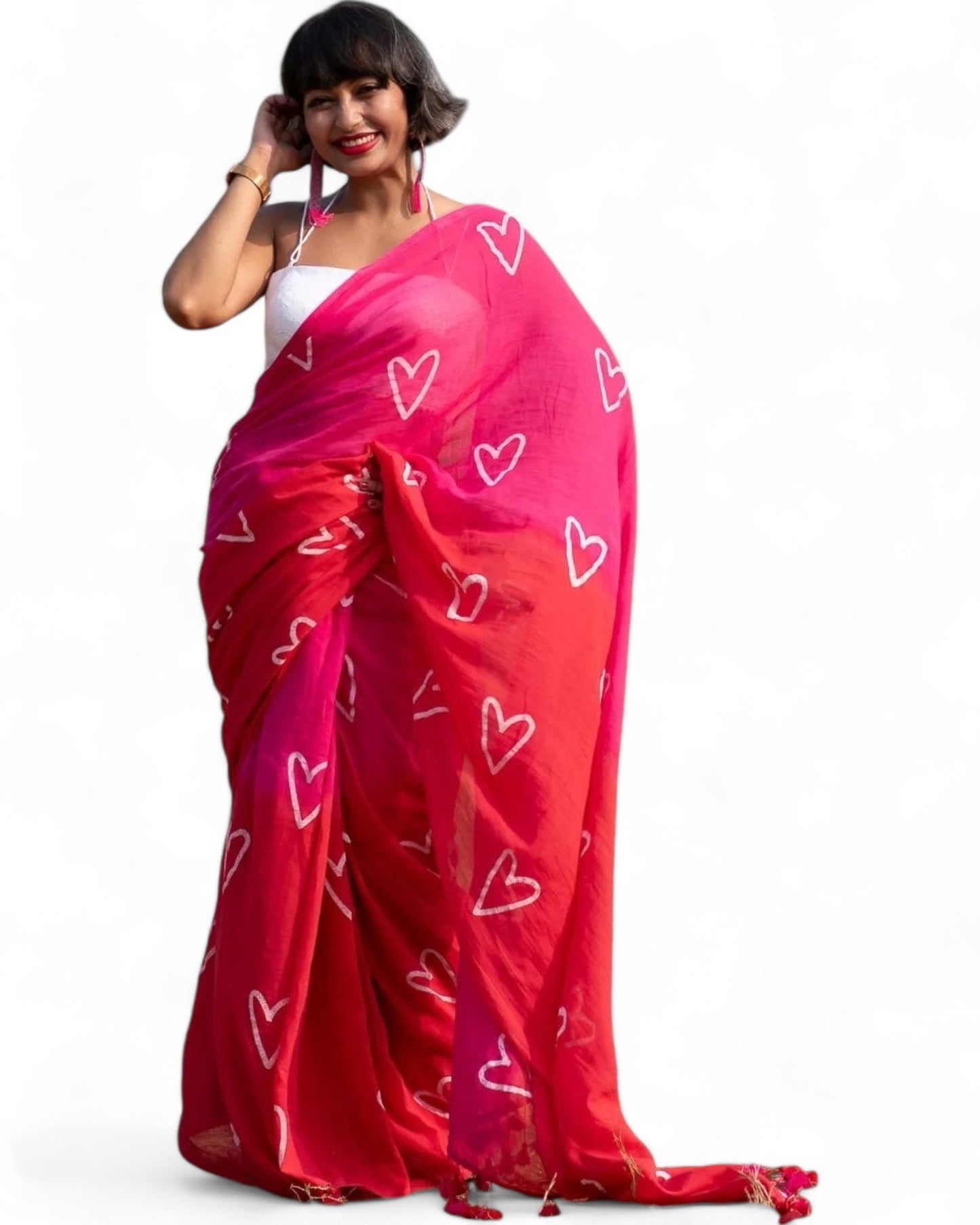 Pink Linen Cotton Heart Printed Girlish Saree