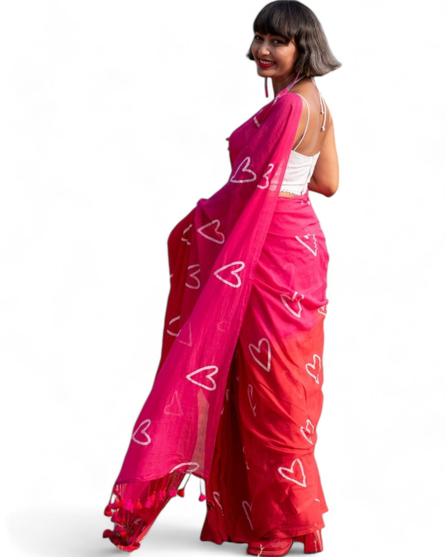 Pink Linen Cotton Heart Printed Girlish Saree