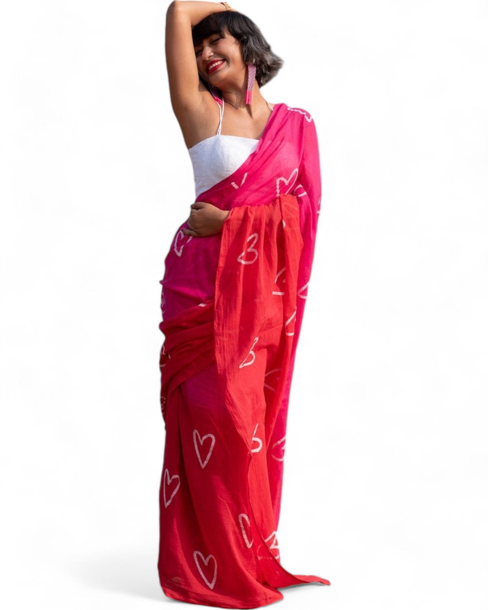 Pink Linen Cotton Heart Printed Girlish Saree