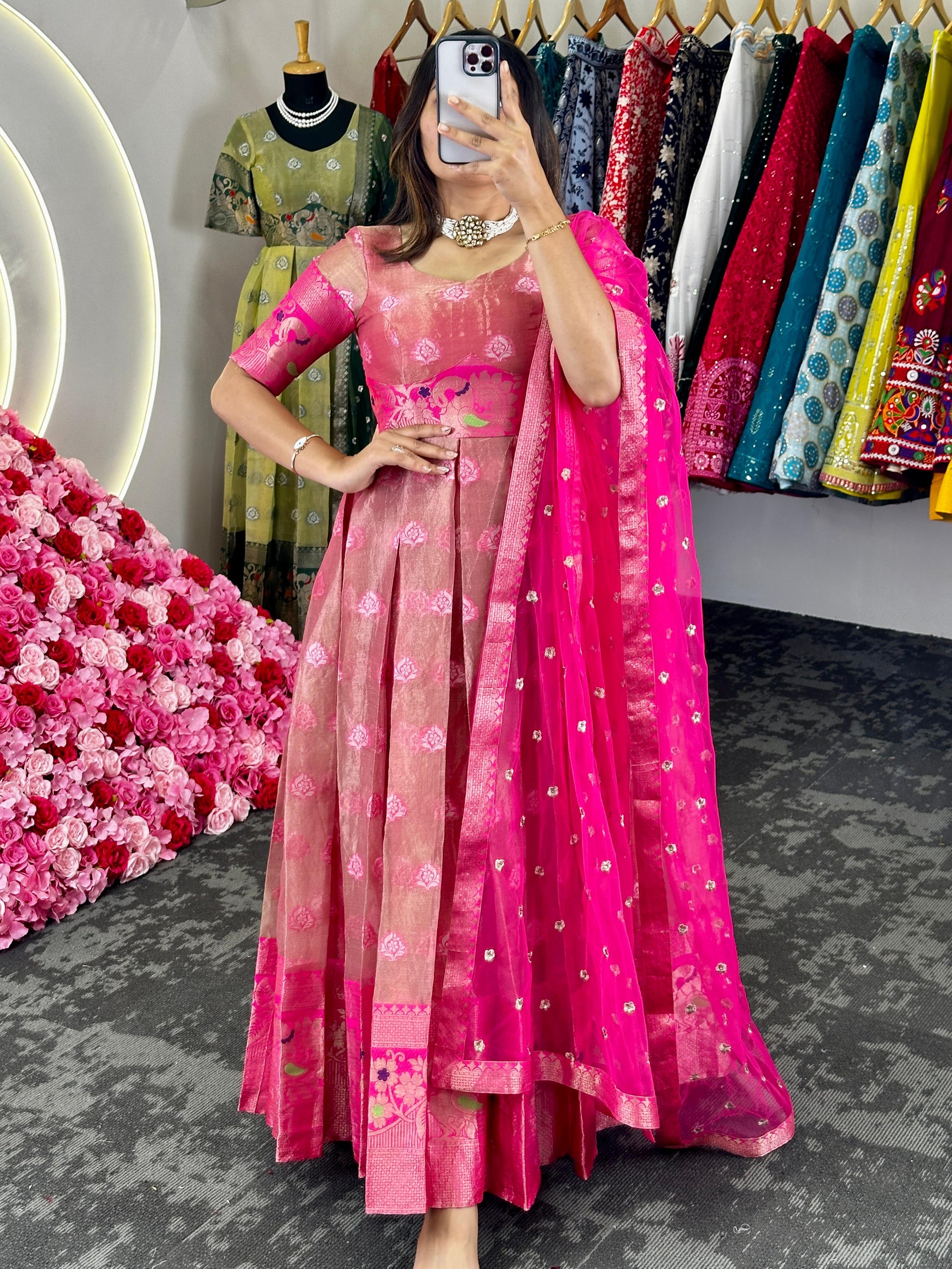 Kota silk jacquard work wedding anarkali suit Pink