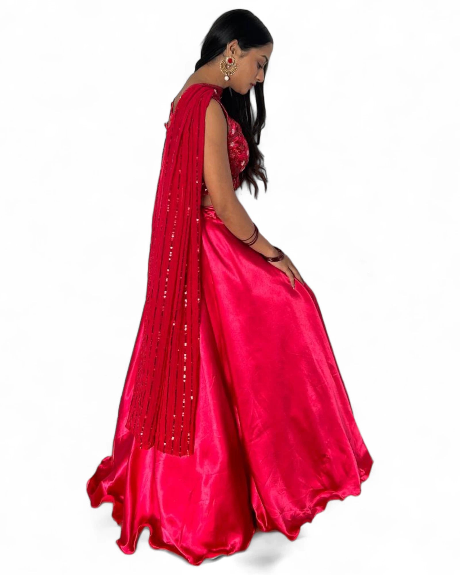 Red satin embroidered party wear lehenga choli