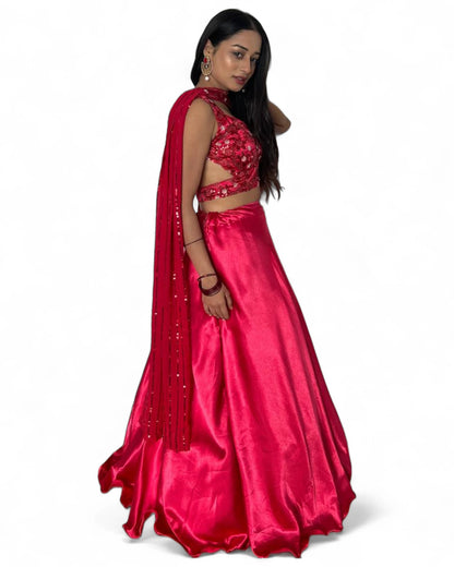 Red satin embroidered party wear lehenga choli
