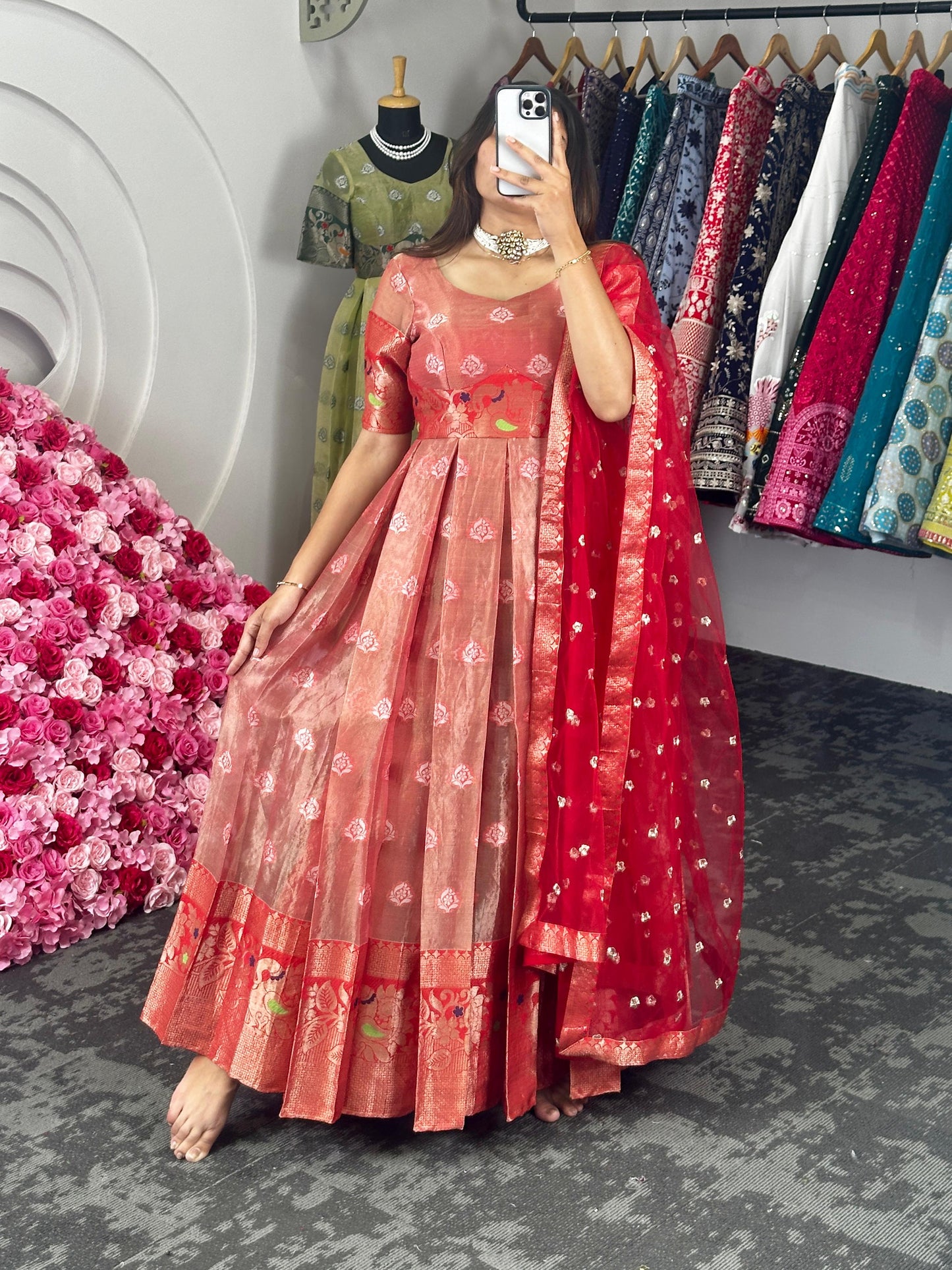 Kota silk jacquard work wedding anarkali suit Red