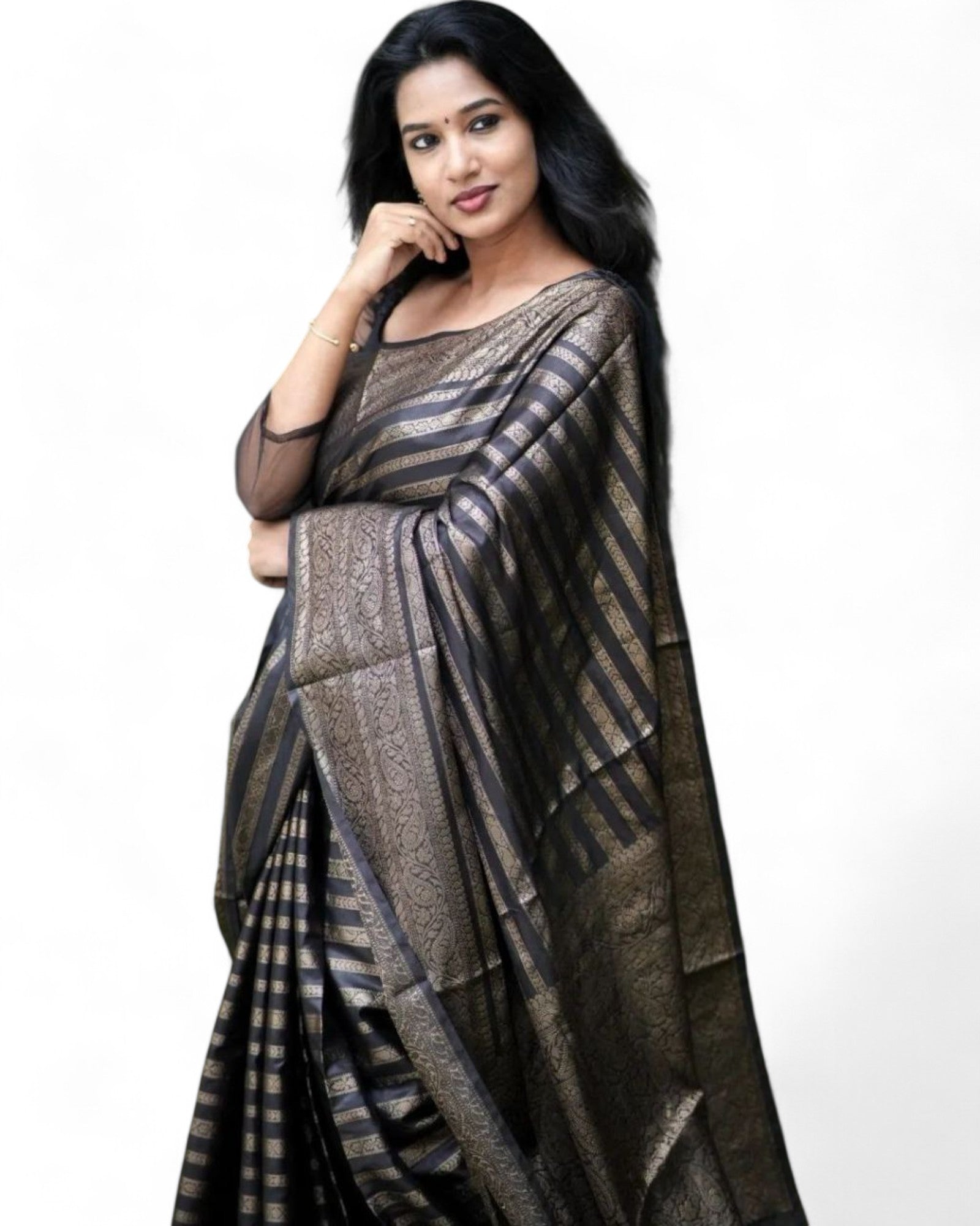 Stylish stripe jacquard work lichi silk rich pallu wedding saree