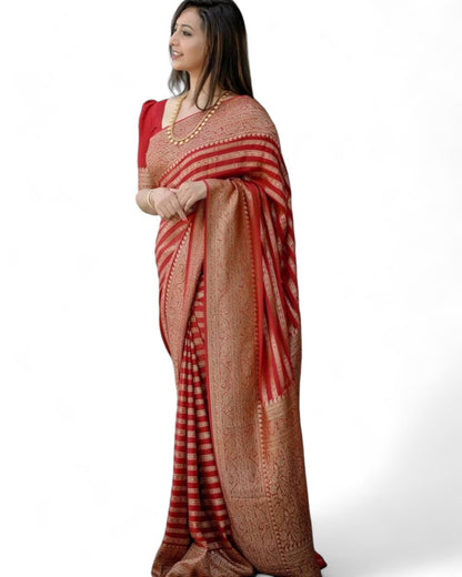 Stylish stripe jacquard work lichi silk rich pallu wedding saree