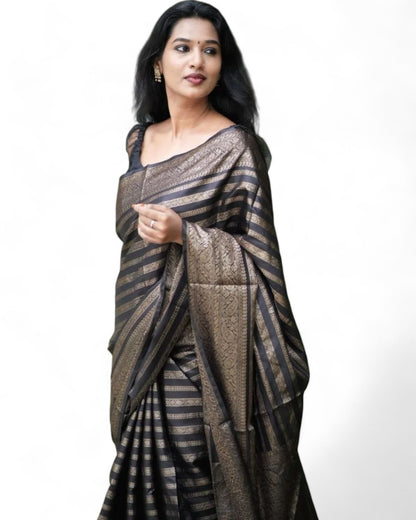 Stylish stripe jacquard work lichi silk rich pallu wedding saree