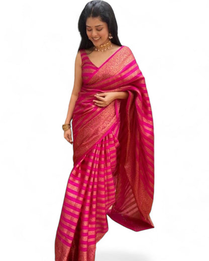 Stylish stripe jacquard work lichi silk rich pallu wedding saree