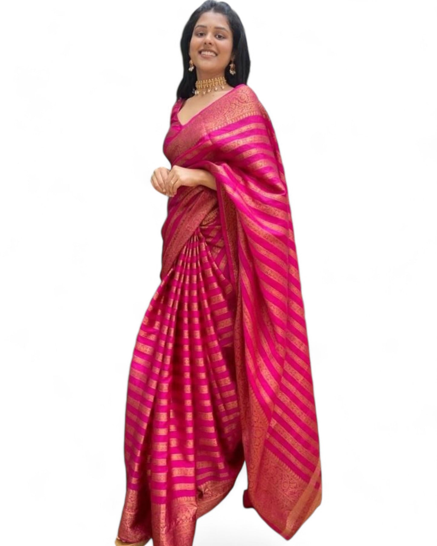 Stylish stripe jacquard work lichi silk rich pallu wedding saree