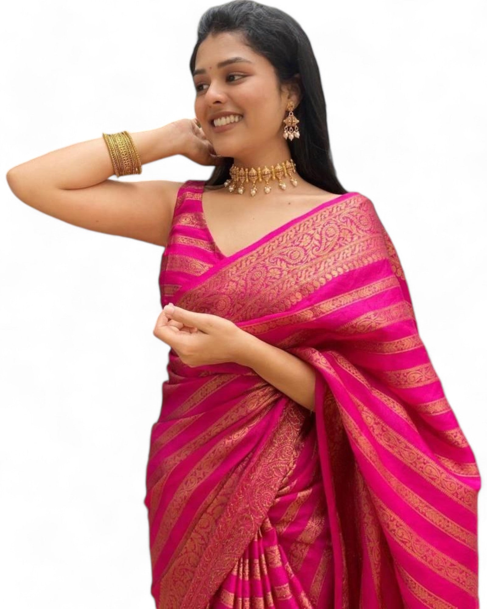 Stylish stripe jacquard work lichi silk rich pallu wedding saree Pink Free Size