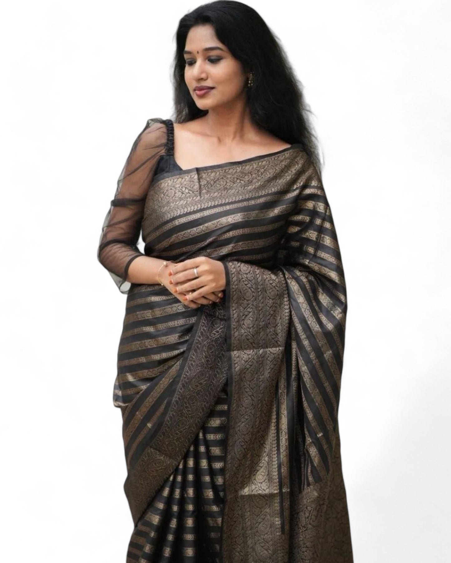 Stylish stripe jacquard work lichi silk rich pallu wedding saree Black Free Size