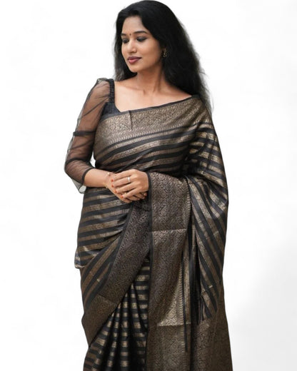 Stylish stripe jacquard work lichi silk rich pallu wedding saree Black Free Size