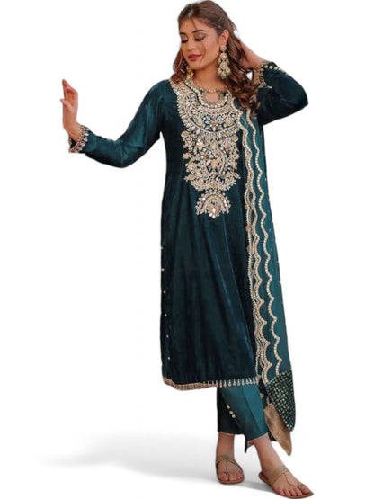 Teal green velvet heavy work designer wedding palazzo suit