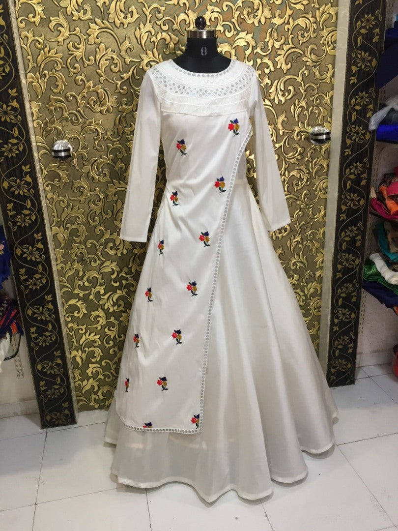 White taffeta silk embroidery work long gown