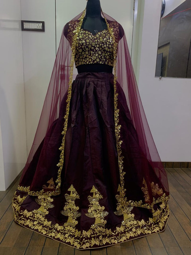 Maroon tapeta silk heavy embroidered lehenga choli