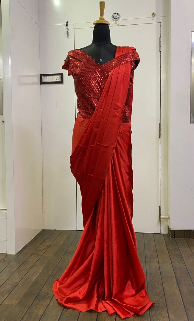 Red japan silk ready to wear partywear saree