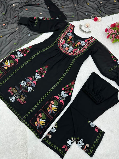 Black georgettte multi thread embroidery work designer palazzo suit