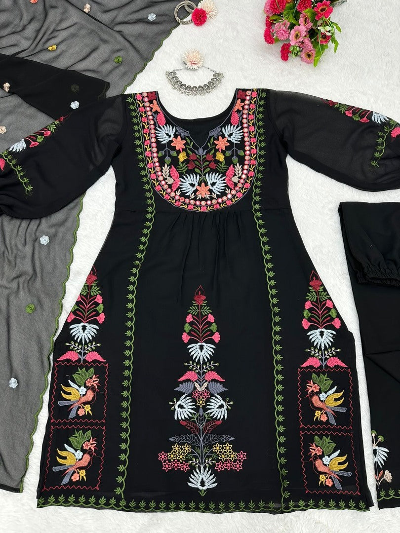 Black georgettte multi thread embroidery work designer palazzo suit