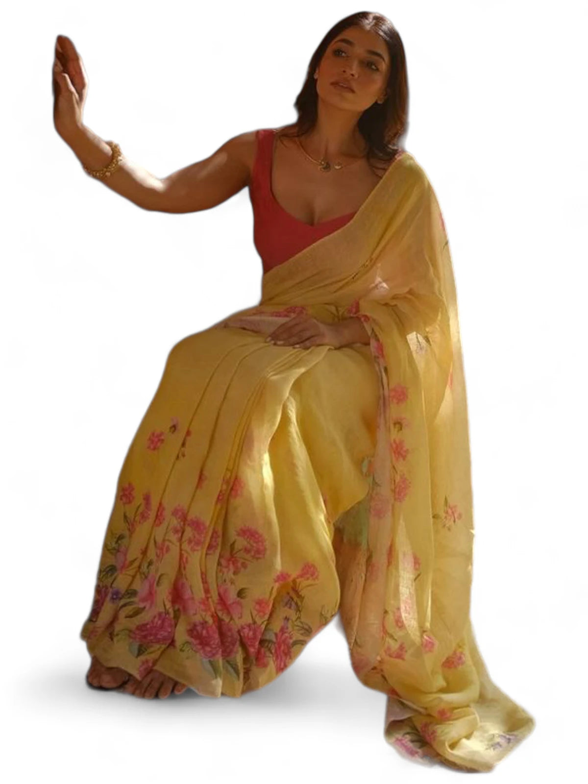 Yellow floral printed linen saree