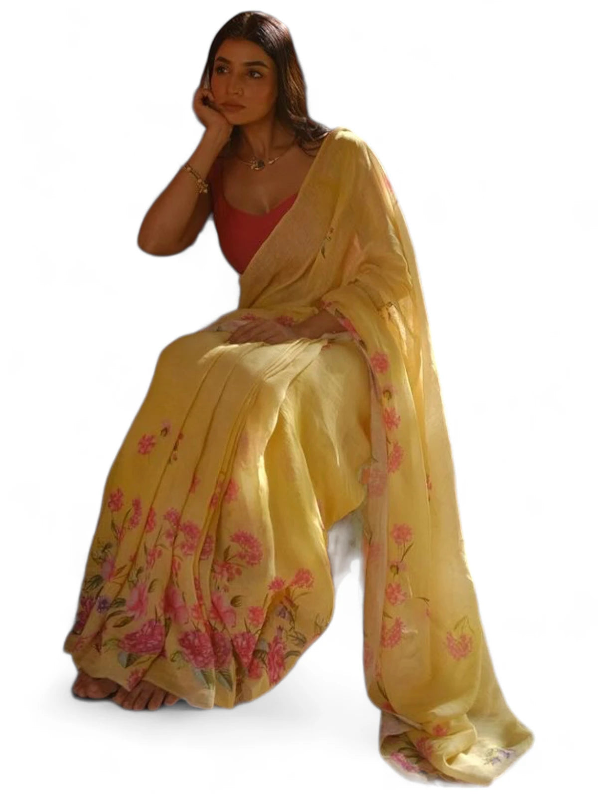 Yellow floral printed linen saree