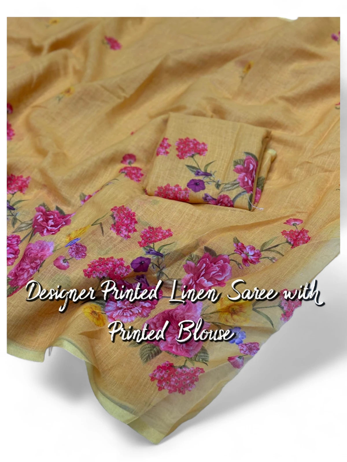 Yellow floral printed linen saree