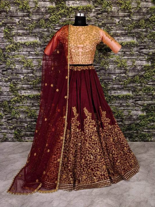 Designer maroon pure silk heavy embroidered bridal lehenga