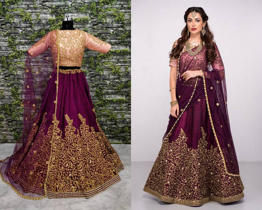Designer purple pure silk heavy embroidered bridal lehenga