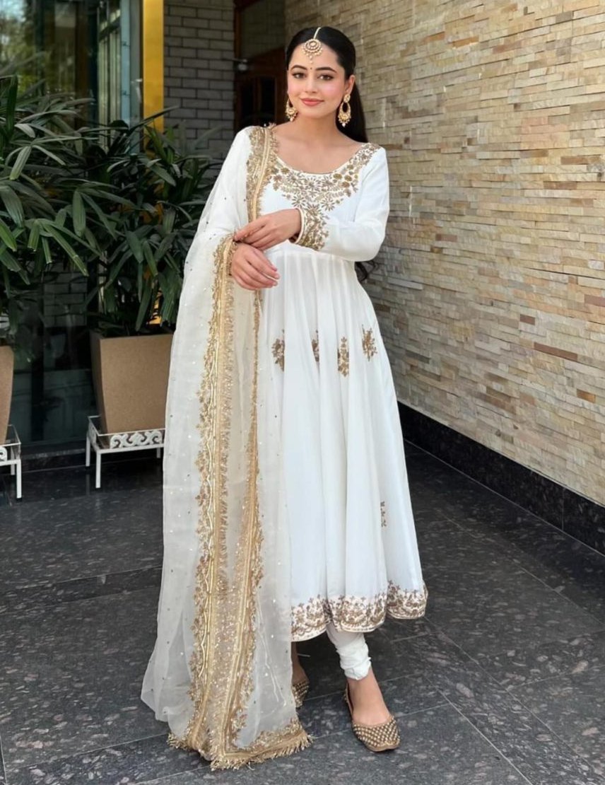 White cotton embroidered anarkali gown